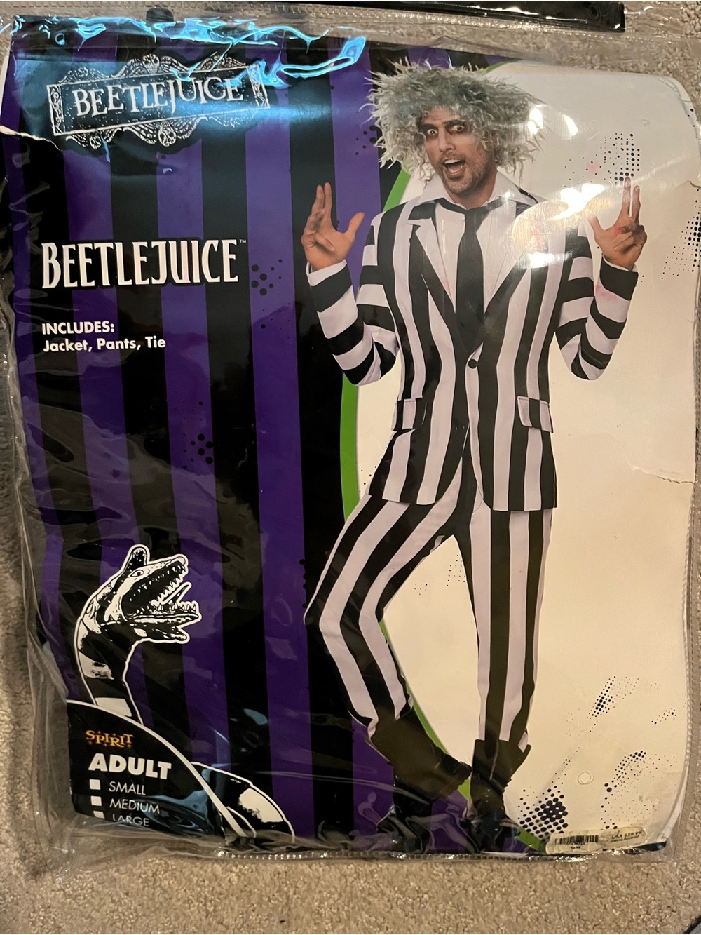 XXL Beetlejuice Costume Striped Jacket Pants & Tie - Black & White NEW